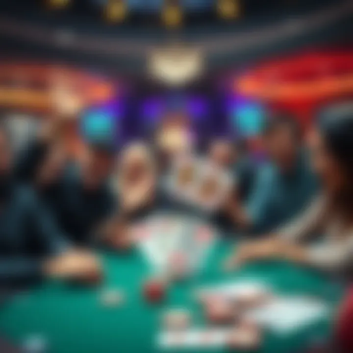 A group of excited poker players at a table, showing surprise and joy as one reveals a Royal Flush hand, with cards displaying hearts, spades, diamonds, and clubs.