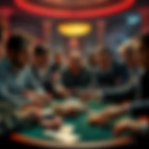 A group of poker players reacting in shock at an unbelievable hand during a game with chips and cards on the table