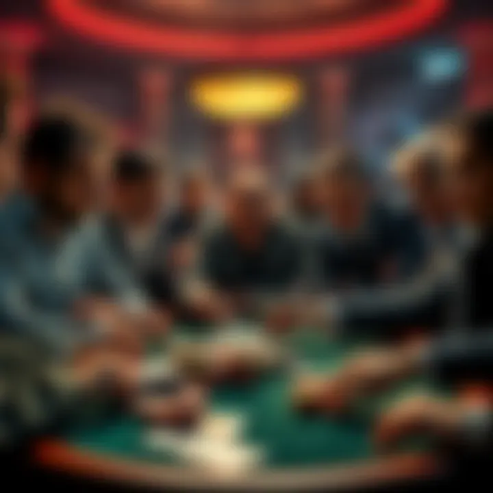 A group of poker players reacting in shock at an unbelievable hand during a game with chips and cards on the table