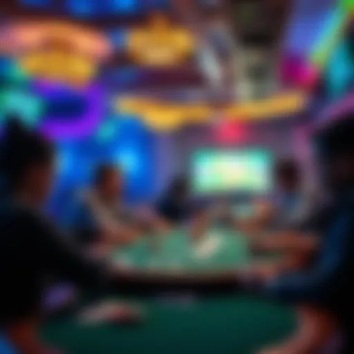 A group of players at a poker table in a vibrant Sacramento room, focused on the game with cards and chips in hand.