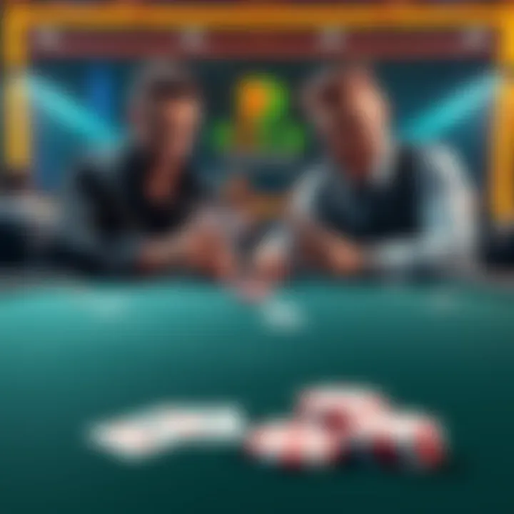 Two poker players sitting at a table, each with different cards, splitting the pot during a game