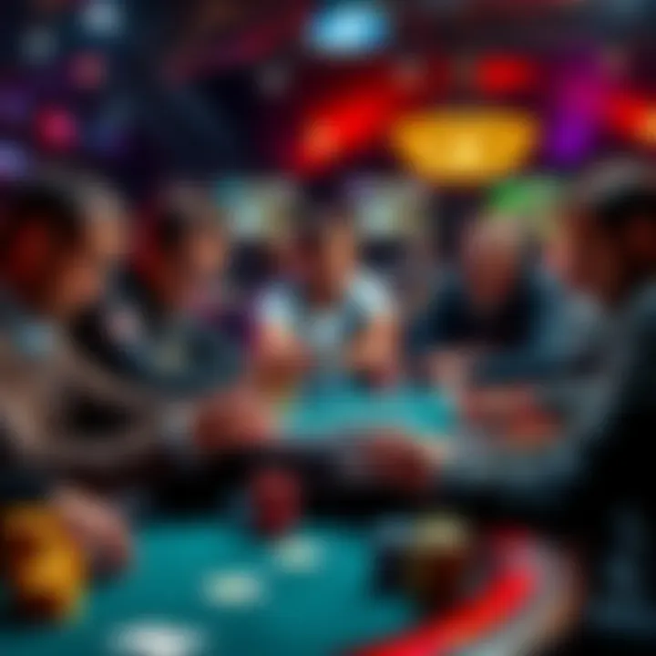 A group of poker players intensely focused on their cards at a 1/3 NLHE table, strategizing to force each other to reveal their hands.