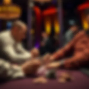 Two poker players focus on their cards and chips in a tense game, highlighting a moment of strategy and decision making in No Limit Hold'em.