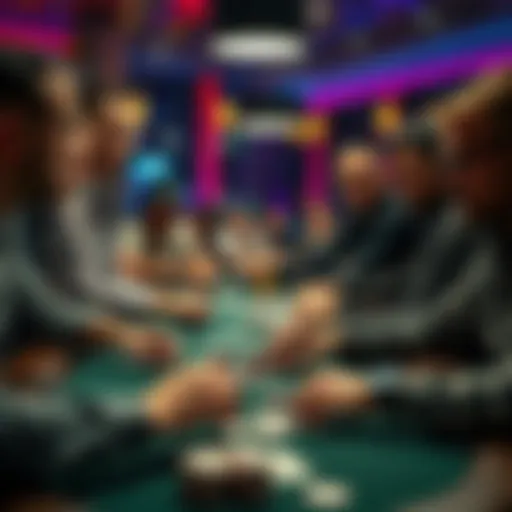 A group of poker players sitting around a table, looking focused as they play in a tense atmosphere.