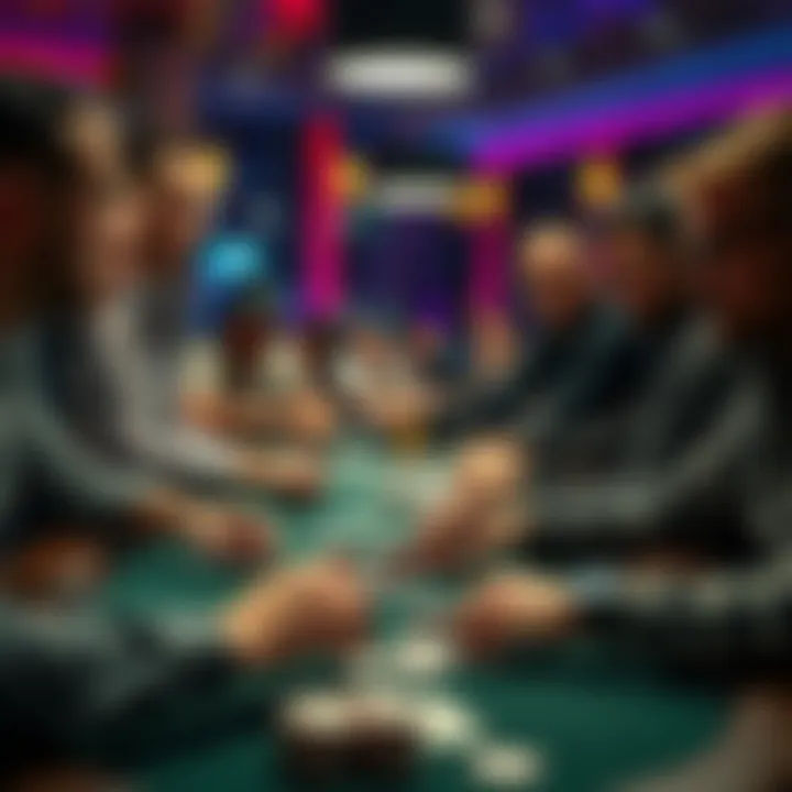 A group of poker players sitting around a table, looking focused as they play in a tense atmosphere.