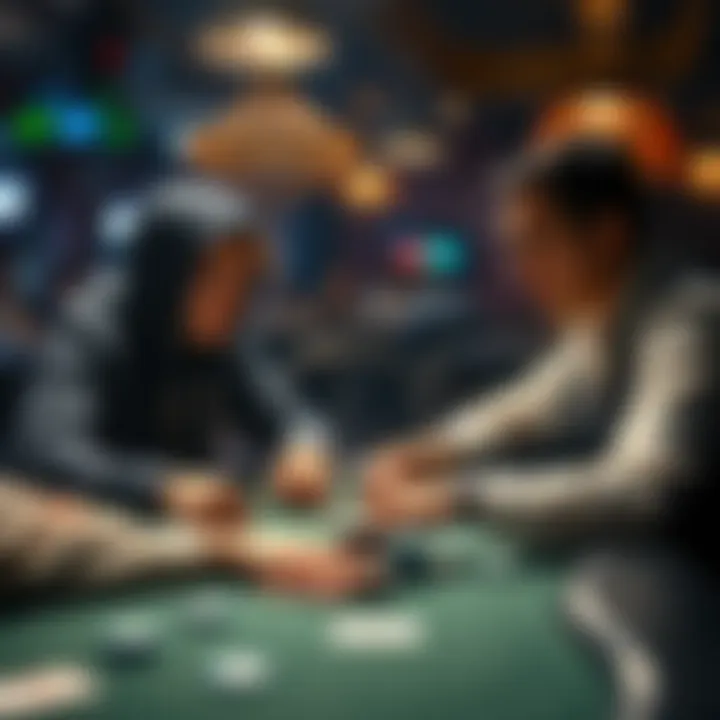 Two poker players engaged in a tense hand, one contemplating a fold while the other pushes all-in with chips stacked high