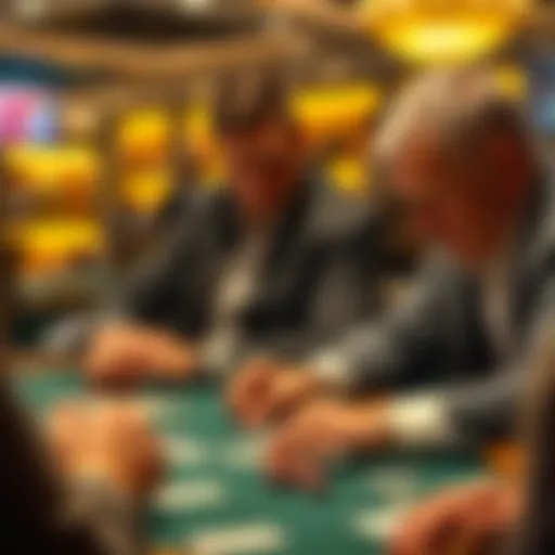 Two poker players examining their cards during a tense moment in a live game
