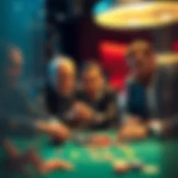 Professional poker players enjoying a game at a table, showing enthusiasm and focus on their cards and chips.
