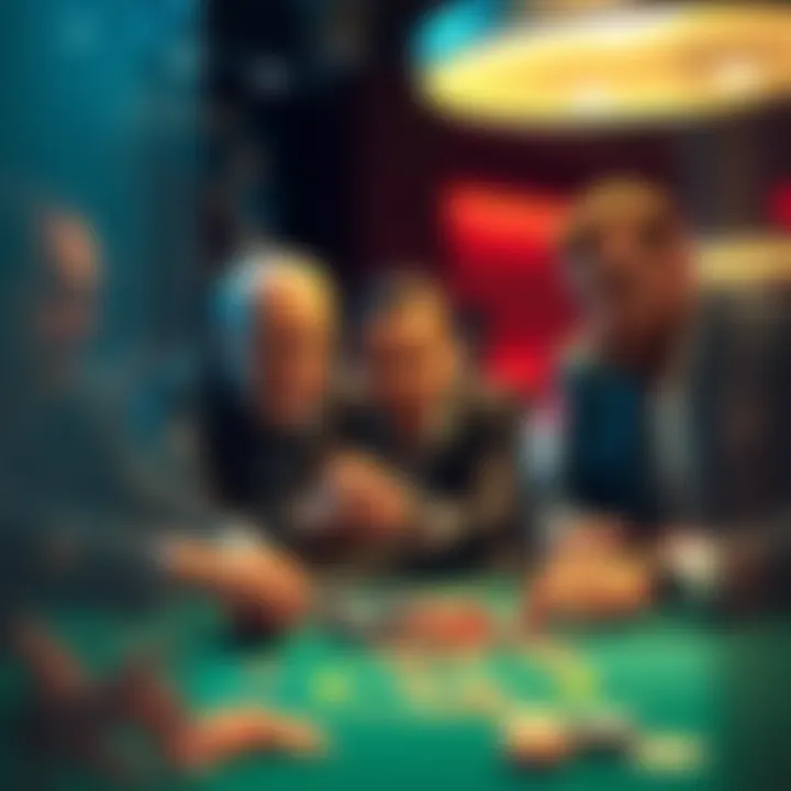 Professional poker players enjoying a game at a table, showing enthusiasm and focus on their cards and chips.