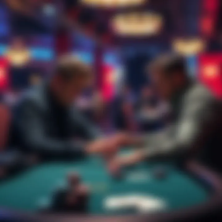Two poker players analyzing their hands during a game, focusing on blind defense and top pair strategies.