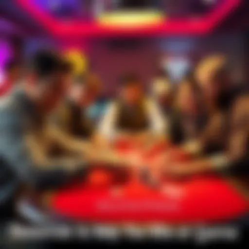Group of friends playing poker at a table, focused on their cards and chips