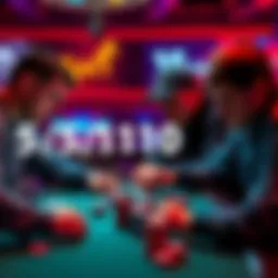 Four poker players intensely focused on a hand at a 5/5/10 game, with chips and cards visible, showcasing the tension of decision-making in gameplay.