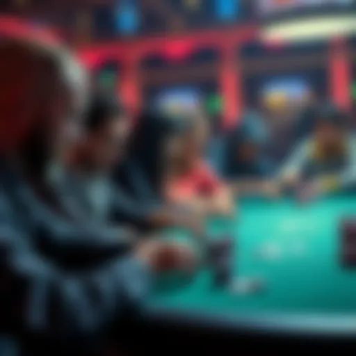 A group of people intensely playing 5/10 poker at a table, focusing on their cards and chips