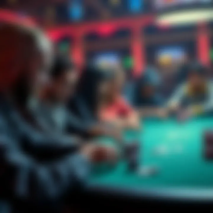 A group of people intensely playing 5/10 poker at a table, focusing on their cards and chips