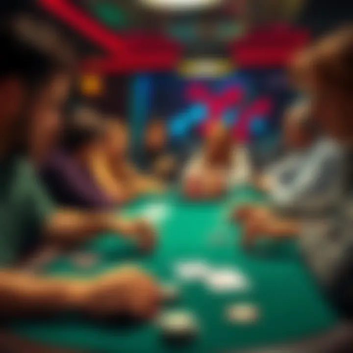 Poker Players at a Table A group of people playing poker at a table, focused on their cards and chips, with poker chips and a deck of cards visible.