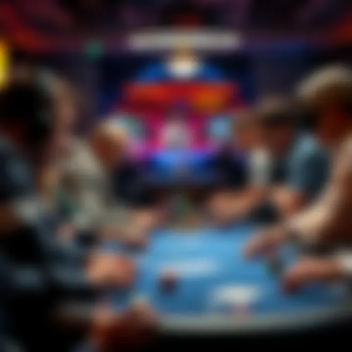 A group of poker players focused on their cards and chips at a table, illustrating the competitive nature of the game.