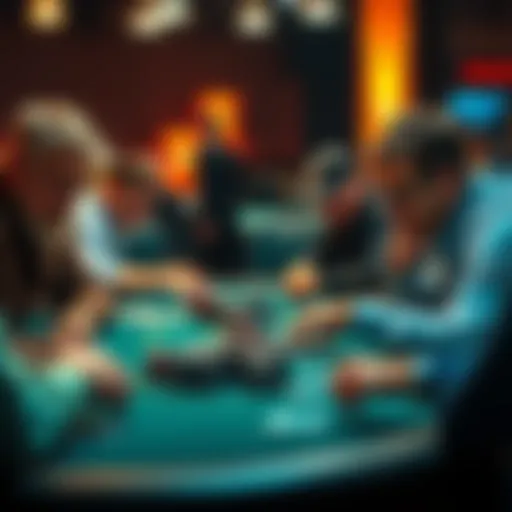 A group of focused poker players at a table with cards and chips, showcasing tense expressions during a game.