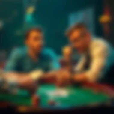 Two poker players sitting at a table, one revealing their cards while others look surprised, showing tension in the game