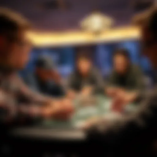 Poker players at a table with cards A group of poker players sitting around a table, looking at their PLO hands with focused expressions. Some are contemplating their next move while others seem less engaged.