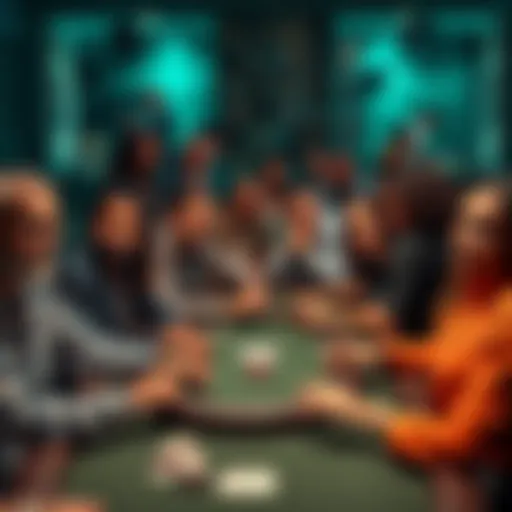 A diverse group of people playing poker around a table, showing different emotions and expressions related to the game.