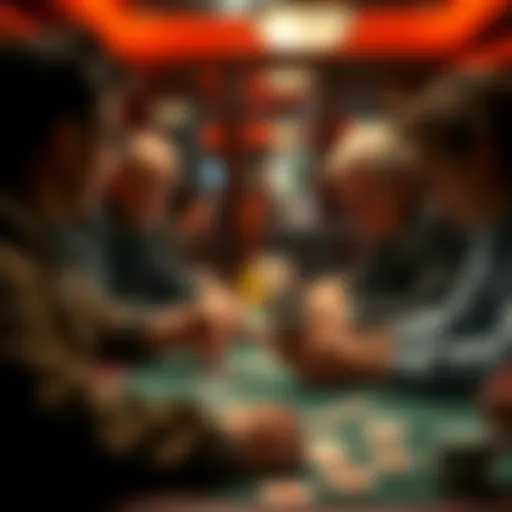 A group of poker players intensely focused on their cards, showing a mix of expressions as they bluff and read each other's behavior at a table