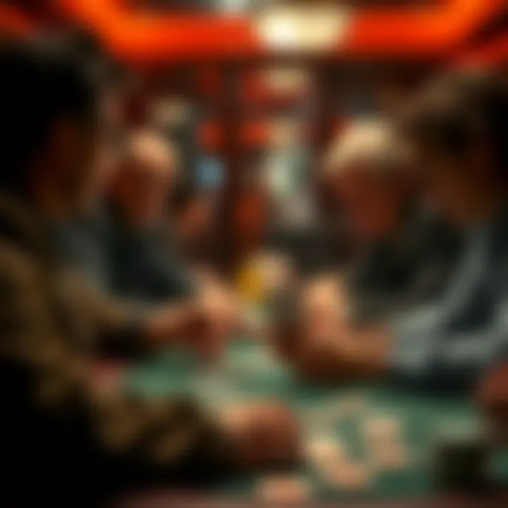 A group of poker players intensely focused on their cards, showing a mix of expressions as they bluff and read each other's behavior at a table