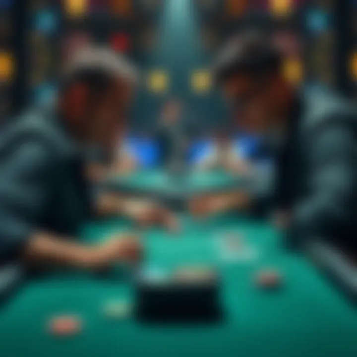 Two poker players facing off at a table with cards and chips, showing intense focus and emotion during a high-stakes game