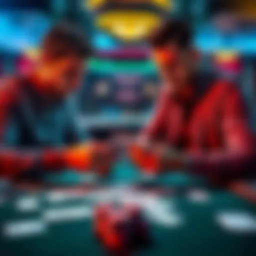 Two poker players at a table examining their hands, looking confused about tie situations in Texas Hold'em. Cards are spread on the table, showing various combinations.