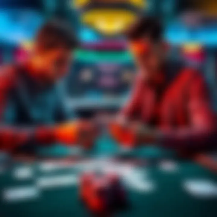 Two poker players at a table examining their hands, looking confused about tie situations in Texas Hold'em. Cards are spread on the table, showing various combinations.