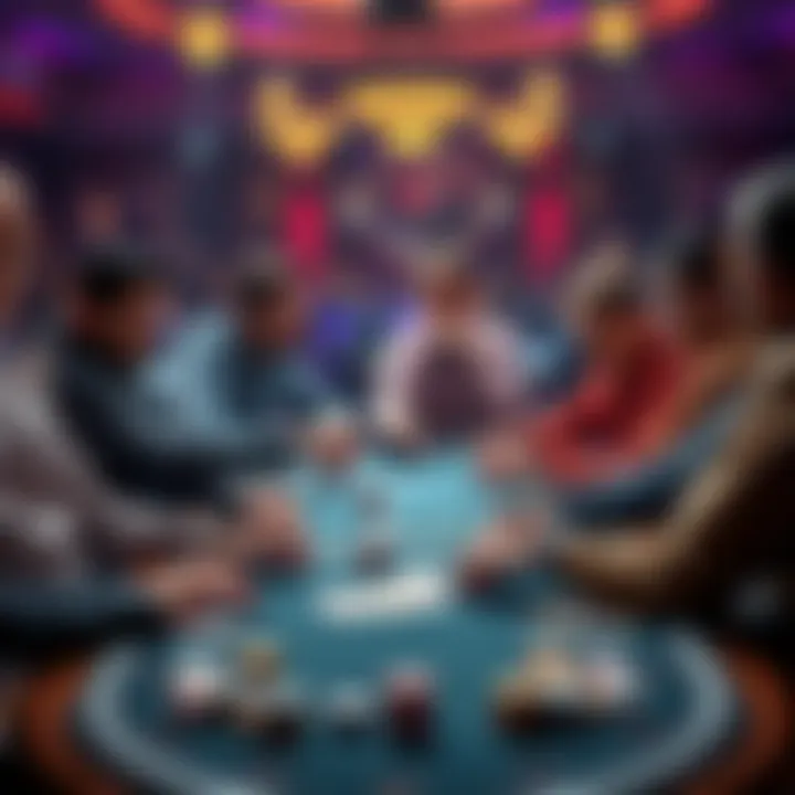 A group of poker players discussing strategies and experiences at a table with cards and chips