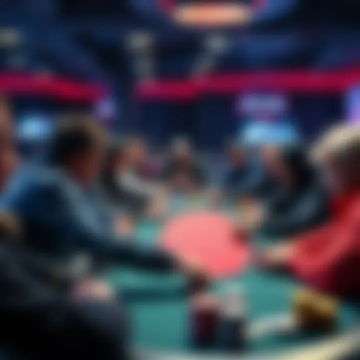 A group of poker players sitting around a table engaged in a tournament, with chips and cards visible