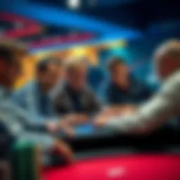 Poker players at a tournament table A group of serious poker players focused on their cards and chips during a tournament