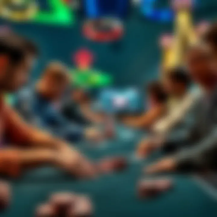 A group of poker players focused on their cards at a tournament table, with chips and a felt surface in view