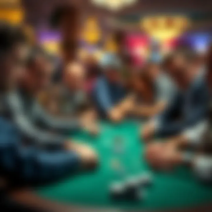 Group of poker players competing at a tournament table, focused on their cards and chips, with a mix of experienced and younger players