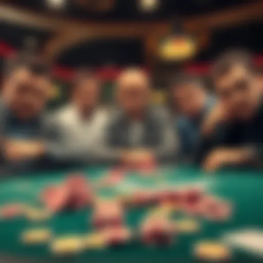 A group of poker players looking concerned at a poker table with scattered chips and cards, reflecting their financial struggles