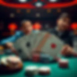Poker hand with quad Aces A poker table showing two players with cards revealing quad Aces, both looking surprised, surrounded by chips and drinks.