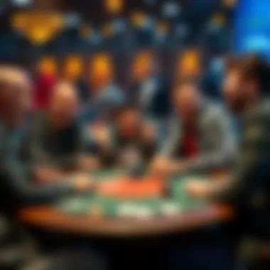 Players at a poker table in Tampa react to Quads over Quads, showing excitement and surprise