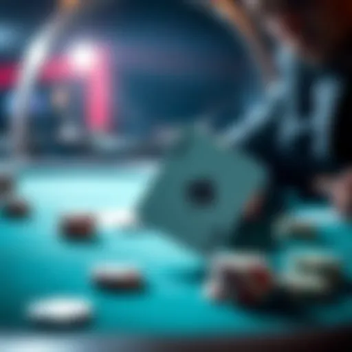 A close-up of a poker table showing a player contemplating their move with an Ace of spades in hand, focusing on the river card and chips on the table.