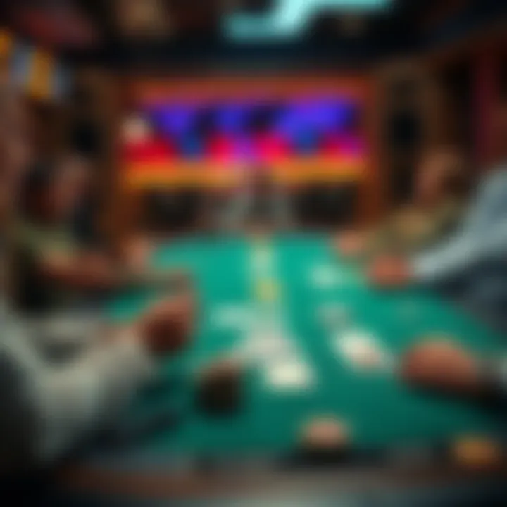 A poker table showing river cards, with players contemplating their next move.