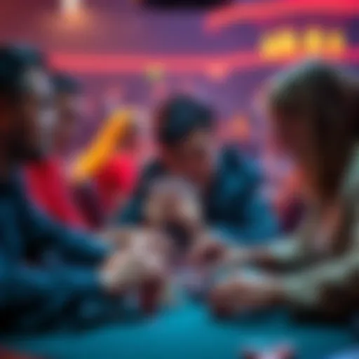A group of poker players focused on their cards during a tense game, showing expressions of concentration and excitement.