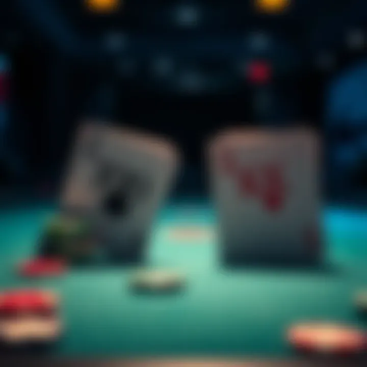 Two poker hands displayed on a table: one with 10-9 and the other with KK, showing chips and tension in the air.