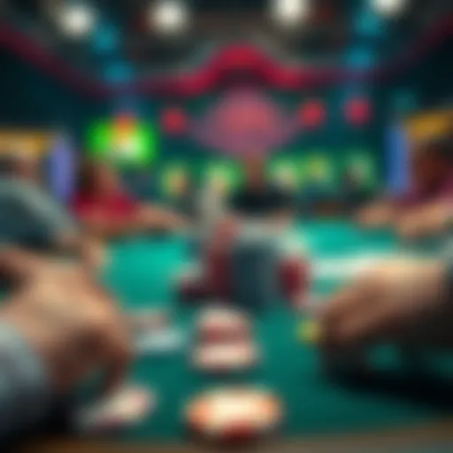 A poker table with players all-in, showing colorful chips and cards during an intense game