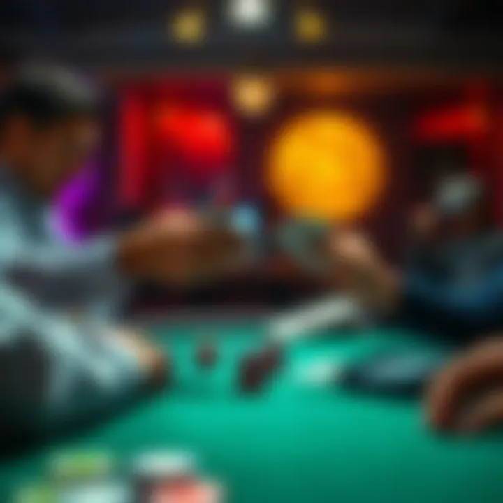 Two poker players revealing their cards during a showdown at a felt-covered table, creating an engaging atmosphere.