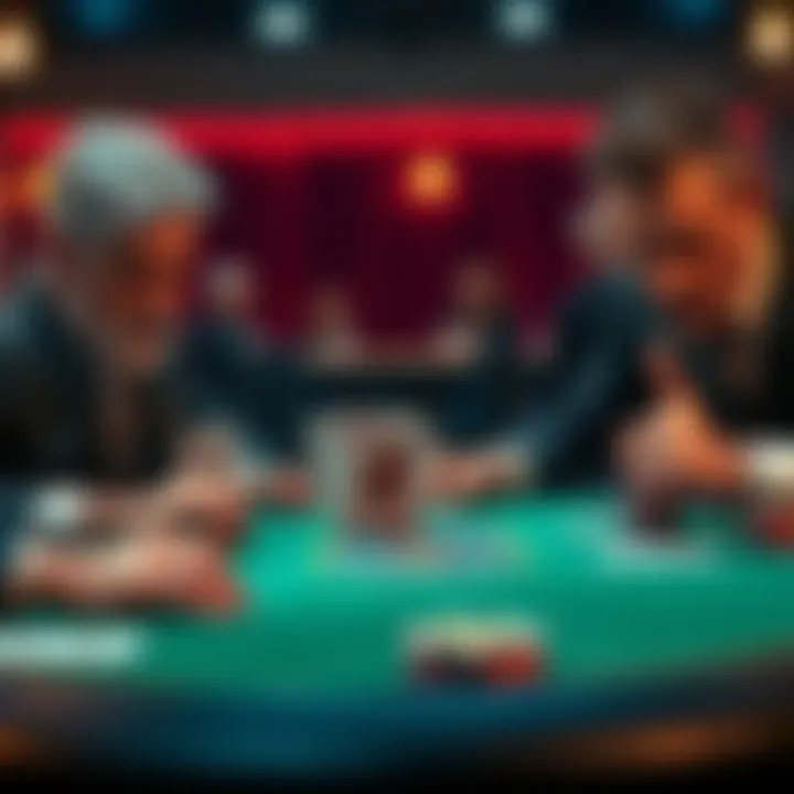 A tense poker game scene showing one player with a straight and another with a royal flush, highlighting their intense expressions and hand placement on the table.