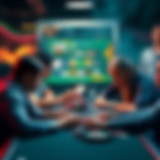 A group of people playing poker at a table, focusing on cards and chips, with a computer screen showing poker site options in the background.