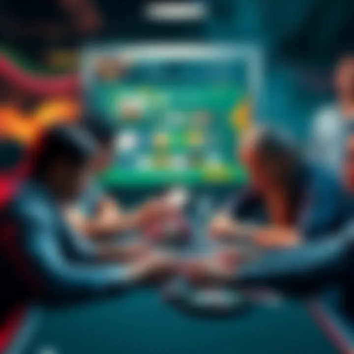 A group of people playing poker at a table, focusing on cards and chips, with a computer screen showing poker site options in the background.