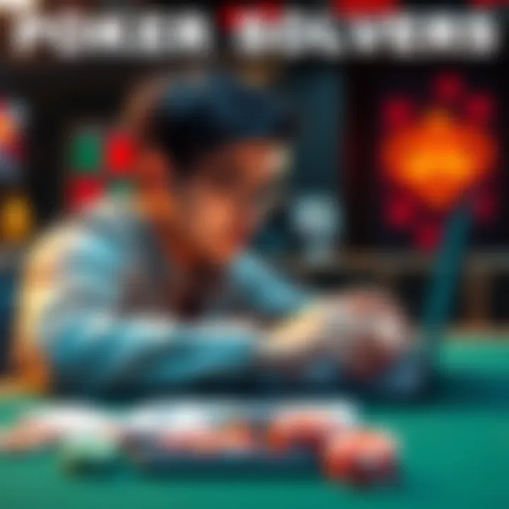 A person studying poker strategies on a laptop with playing cards around them