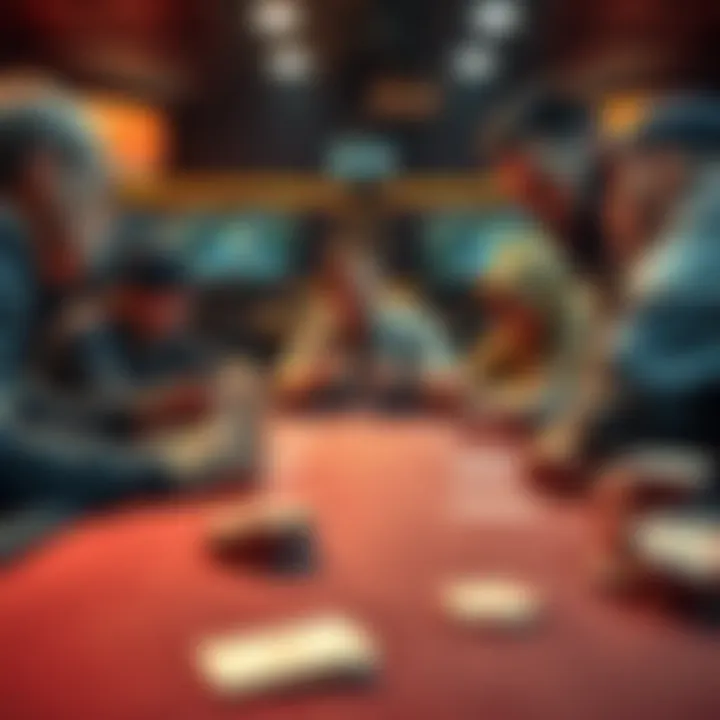 A poker table with players analyzing cards while discussing staking options, showing a mix of excitement and caution.