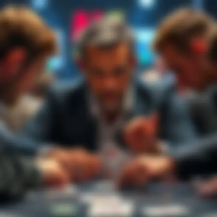 A poker player contemplating their move with a focus on AQ and AJ hands while others play their cards