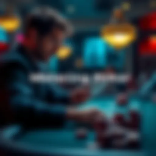 Poker Strategies and Mindset A focused poker player at a table, considering moves with cards in hand and chips stacked before them.